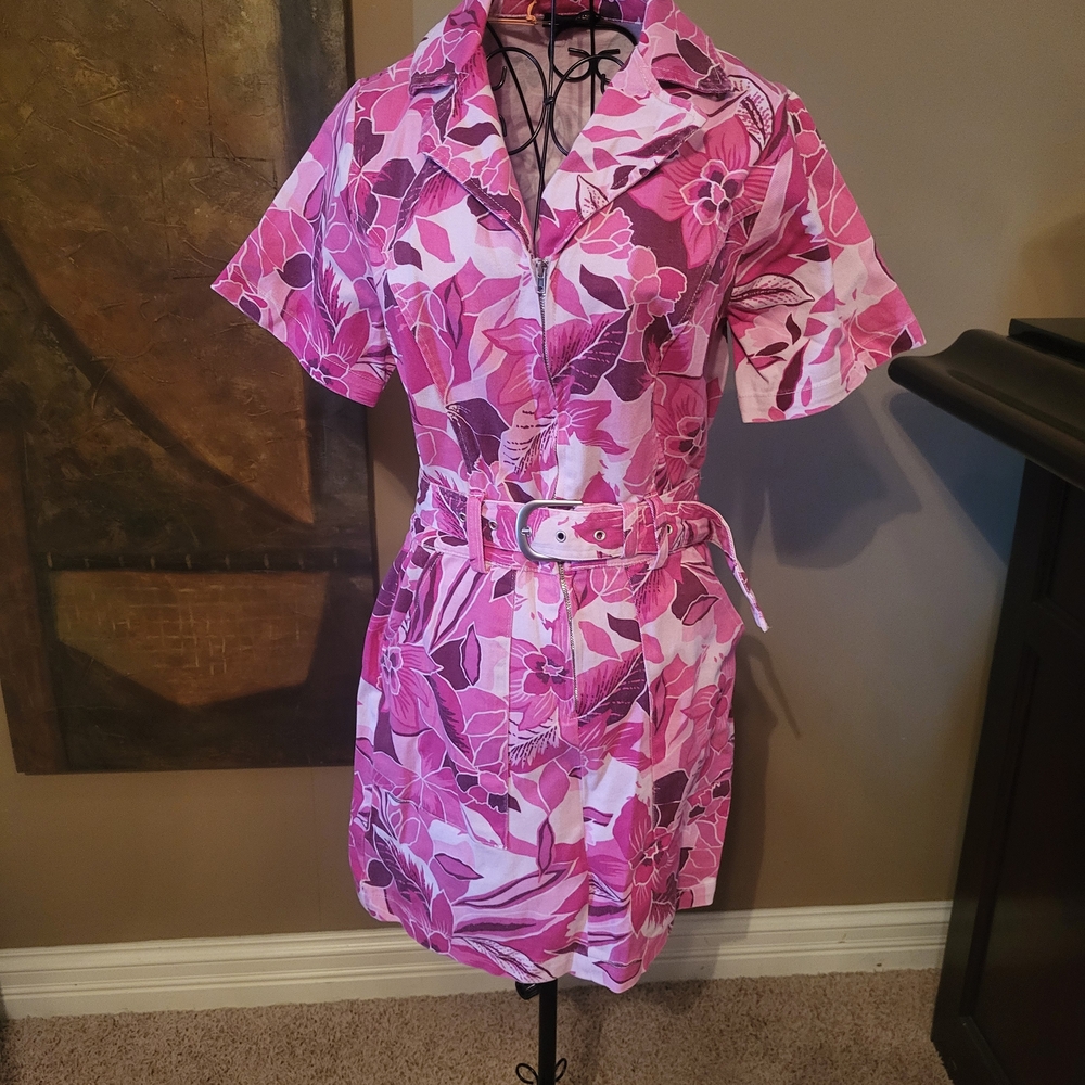 Pink Floral Belted Shirt Dress with Collar